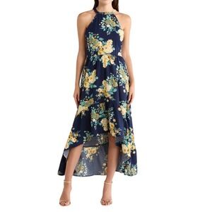 NWT Area Stars Rhea Floral High-Low‎ Halter Dress Navy Yellow XL Garden Party